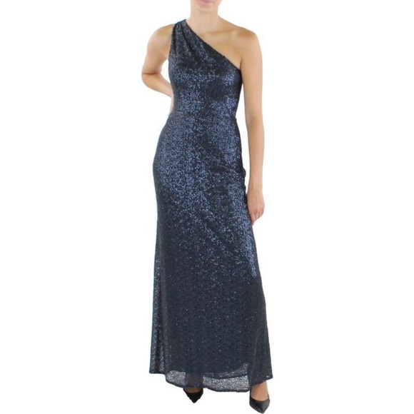 Amsale Dresses & Skirts - Amsale Womens Navy Sequined One Shoulder Evening Dress Gown NWT Size 4